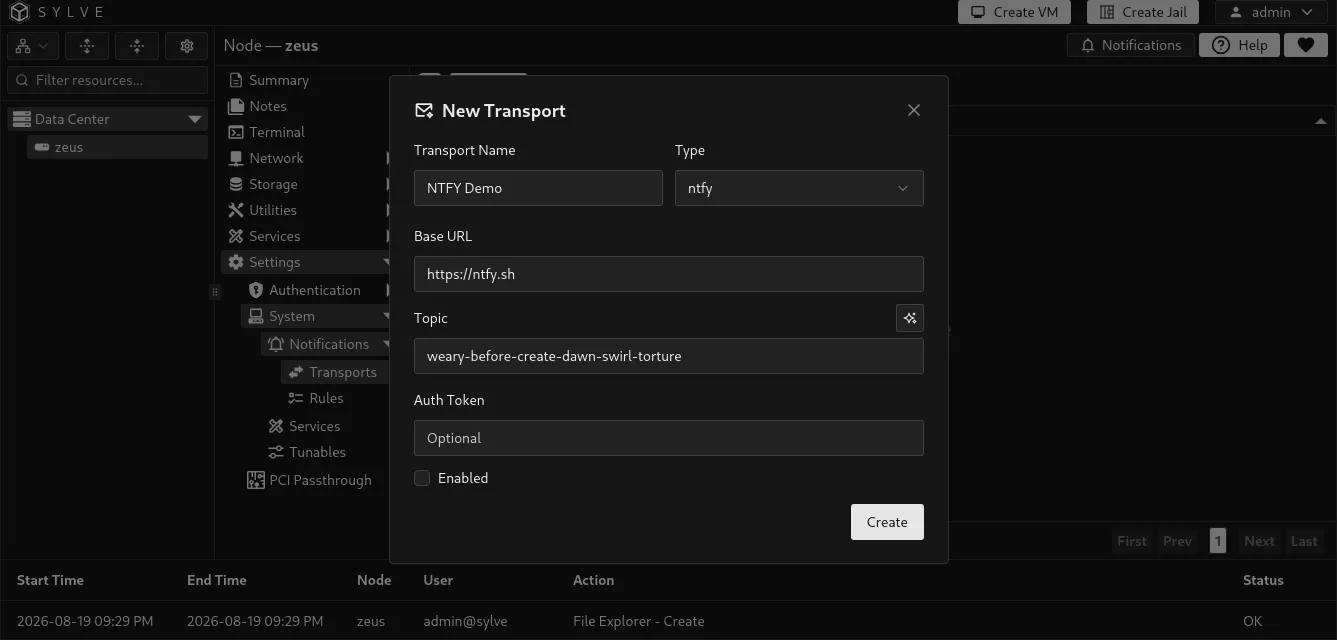 New Notification Transport form configured for ntfy with base URL, topic, optional authentication token, and enabled state