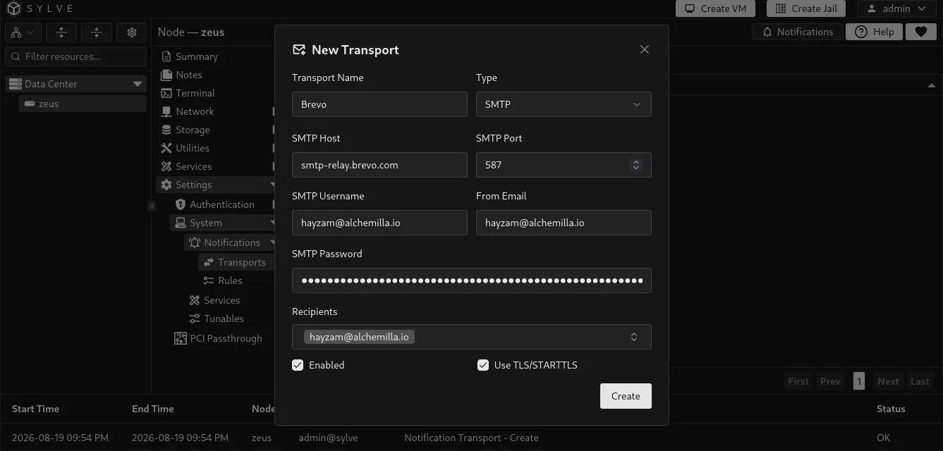 New Notification Transport form configured for SMTP with host, sender, recipients, password field, and TLS or STARTTLS option