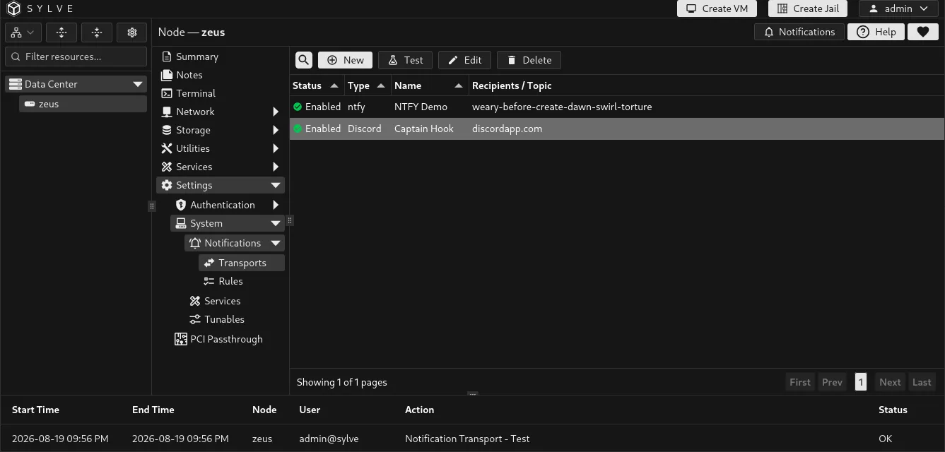 Selected notification transport with the Test action available in Sylve