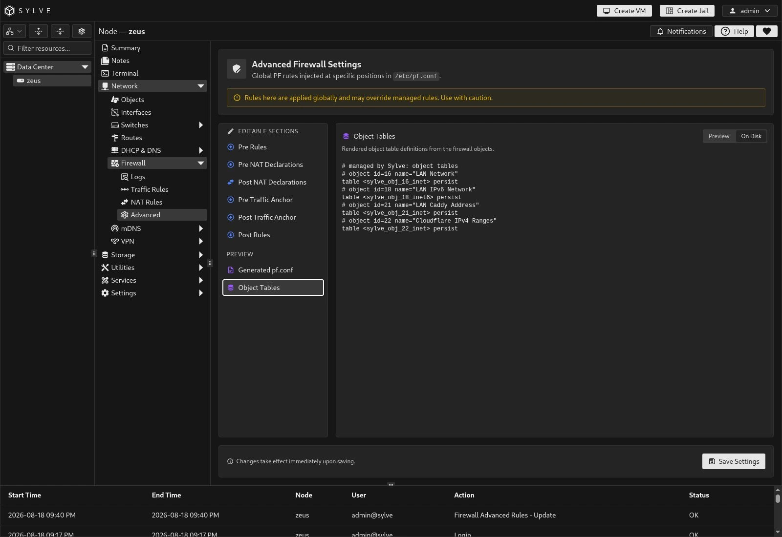 Object Tables view showing tables rendered from the LAN, LAN IPv6, Caddy address, and Cloudflare range objects