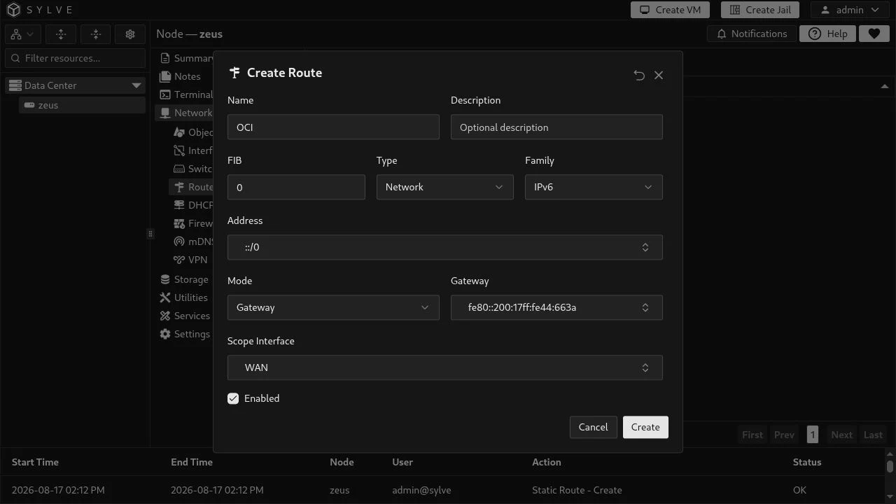 Create Route modal filled with the OCI IPv6 default route and WAN scope