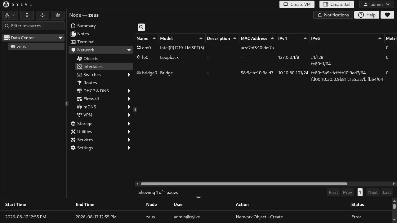 The Interfaces page listing an em0 physical interface, lo0 loopback interface, and bridge0 bridge