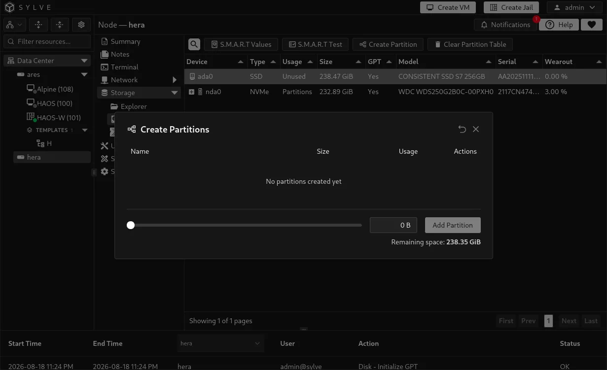 Create Partition dialog with controls for defining a new partition on a GPT disk