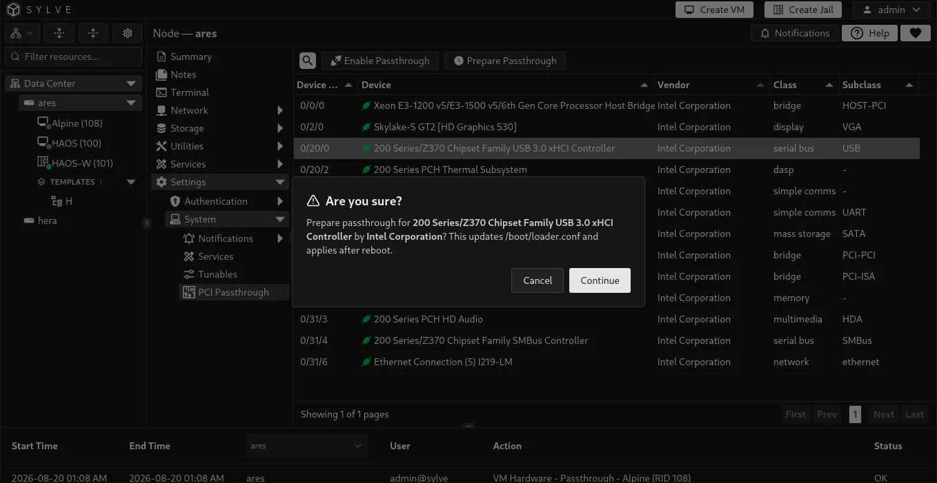 Prepare Passthrough confirmation for a host-owned Intel USB controller, explaining that a node restart is required