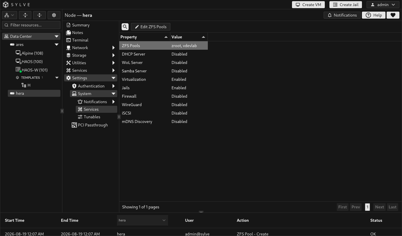System Services configuration showing the editable ZFS Pools selection for an existing imported pool