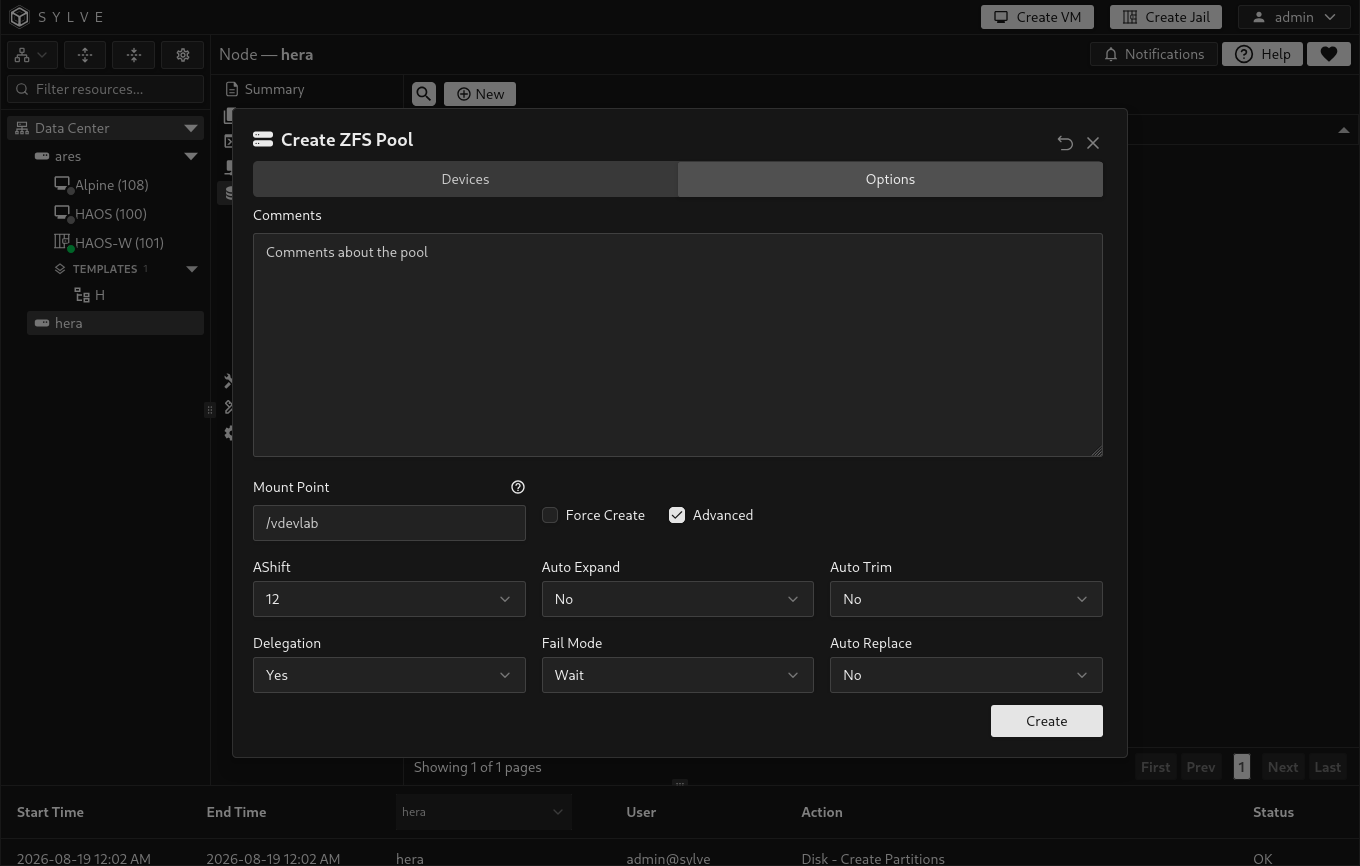 Create ZFS Pool Options tab showing a comment, mount point, advanced ZFS properties, and Force Create control