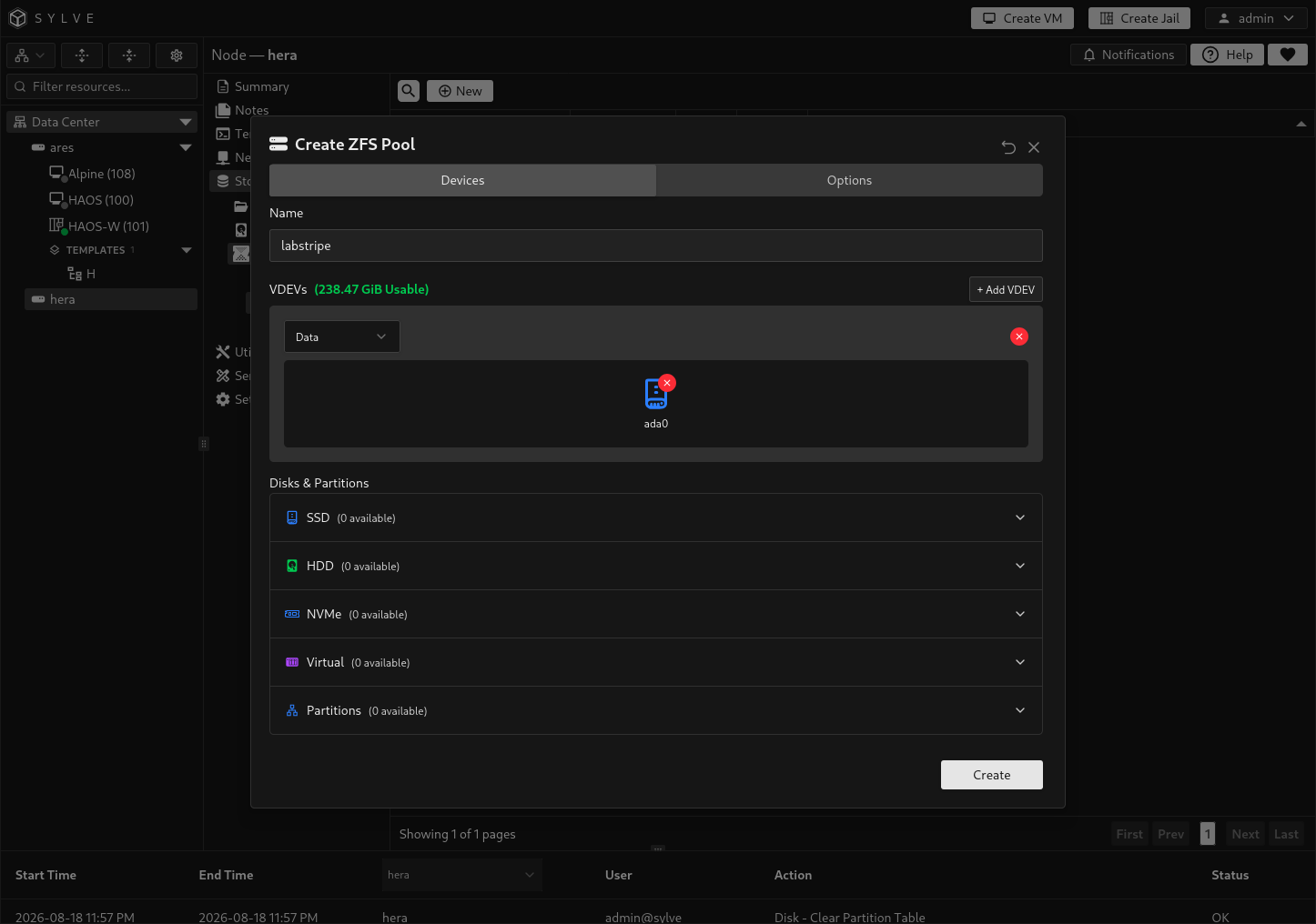 Create ZFS Pool dialog with one unused raw disk in a Data Stripe VDEV and a pool name entered