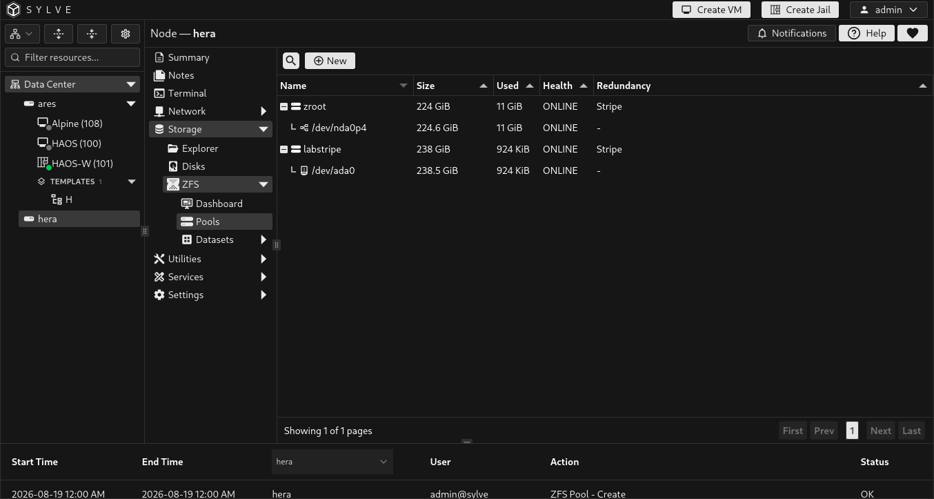 ZFS Pools table showing a newly created healthy stripe pool expanded to reveal its raw-disk Data VDEV
