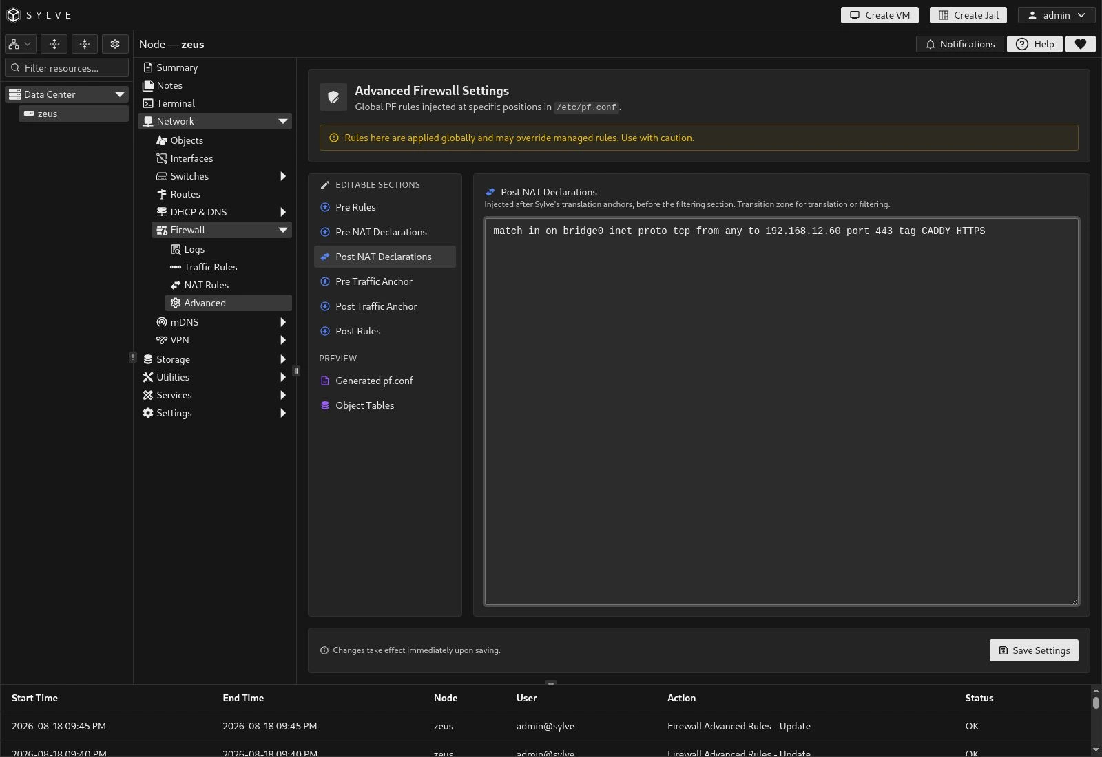 Post NAT Declarations editor showing a match rule that tags inbound HTTPS traffic for Caddy