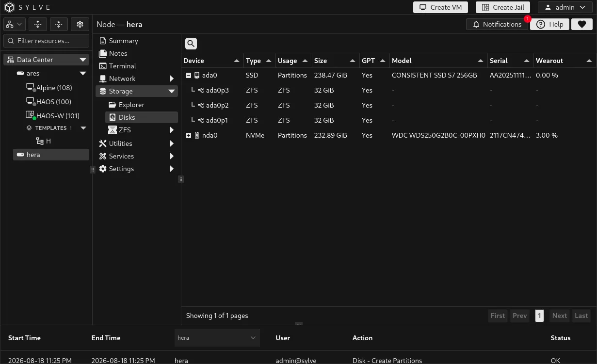 Disks table showing the newly created partitions as child rows beneath their parent disk