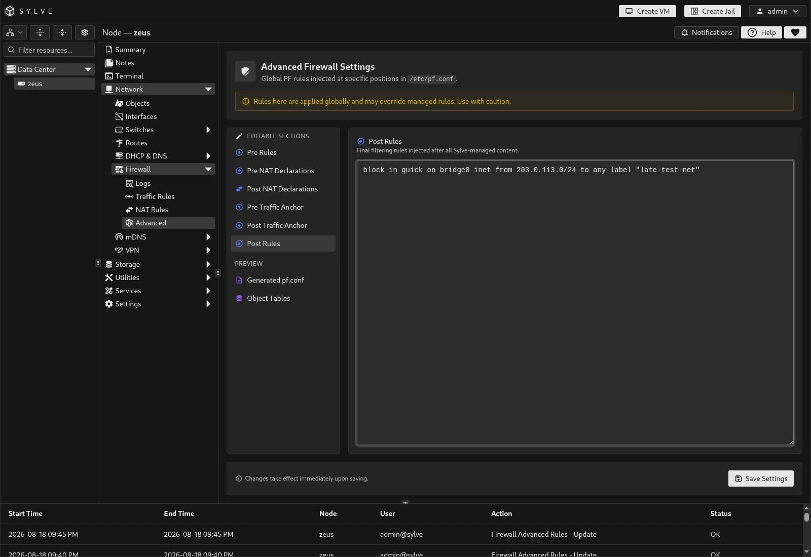 Post Rules editor showing a final narrow quick block using a documentation-only source range