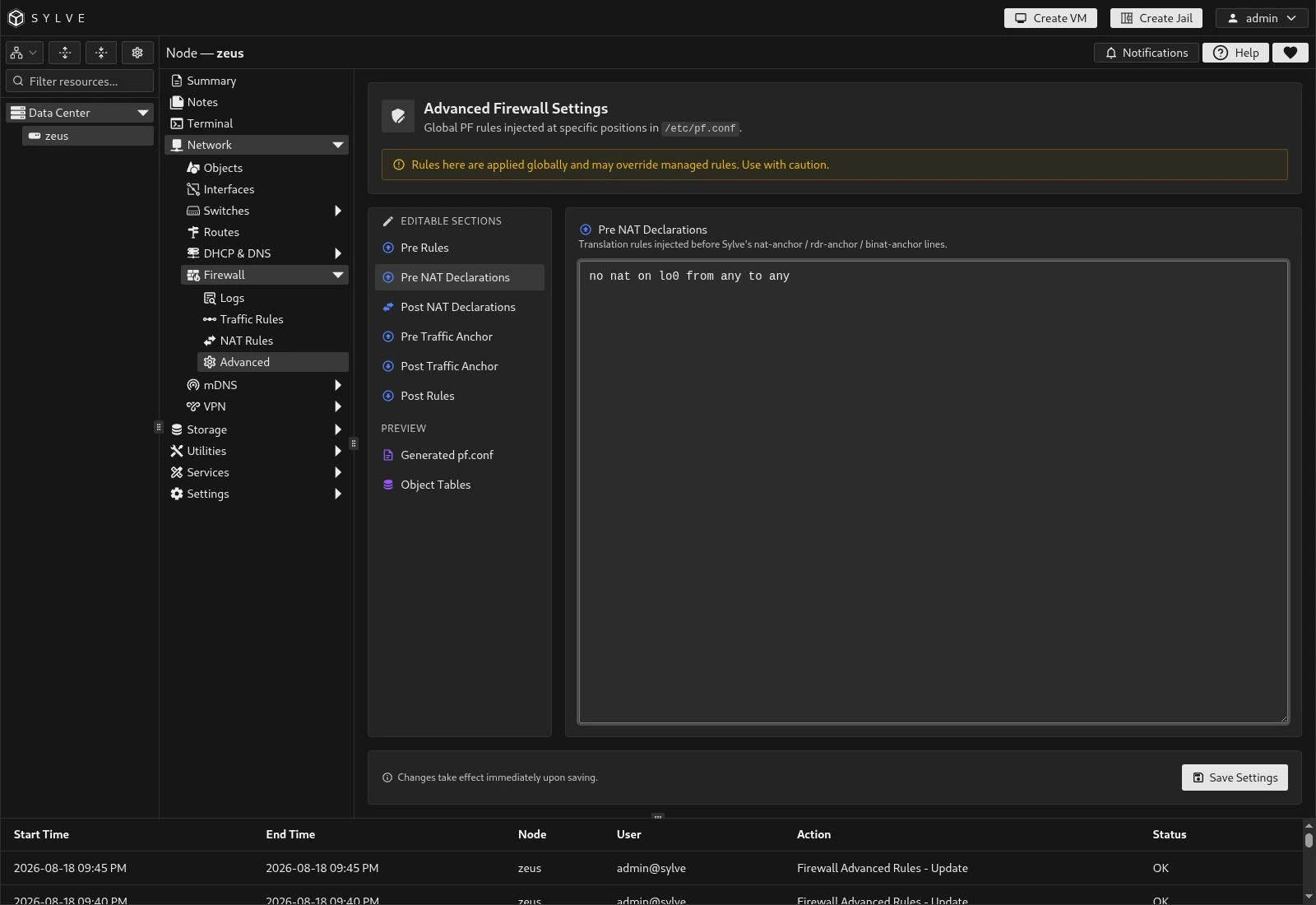 Pre NAT Declarations editor showing a no nat rule on loopback