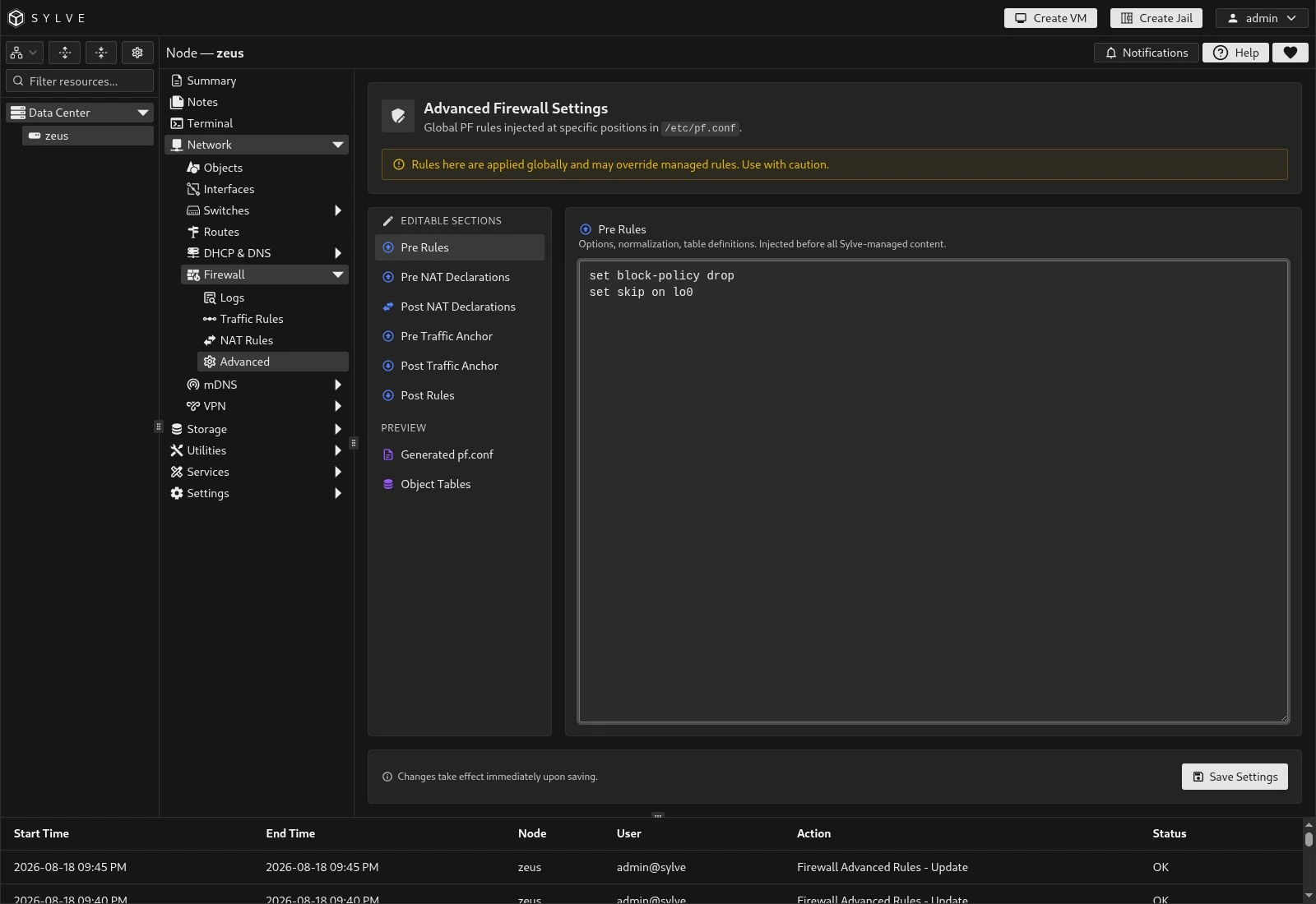 Advanced Firewall page with Pre Rules selected and PF global options entered