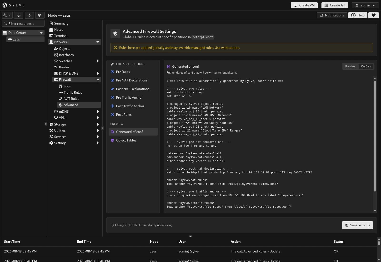 Generated pf.conf On Disk view showing saved Pre Rules followed by Sylve-managed object tables