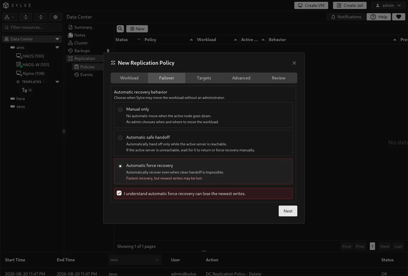 Failover tab with Automatic force recovery selected and its required acknowledgement.