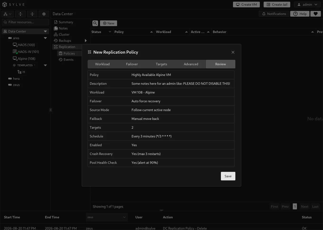 Review tab summarizing the replication policy before it is saved.