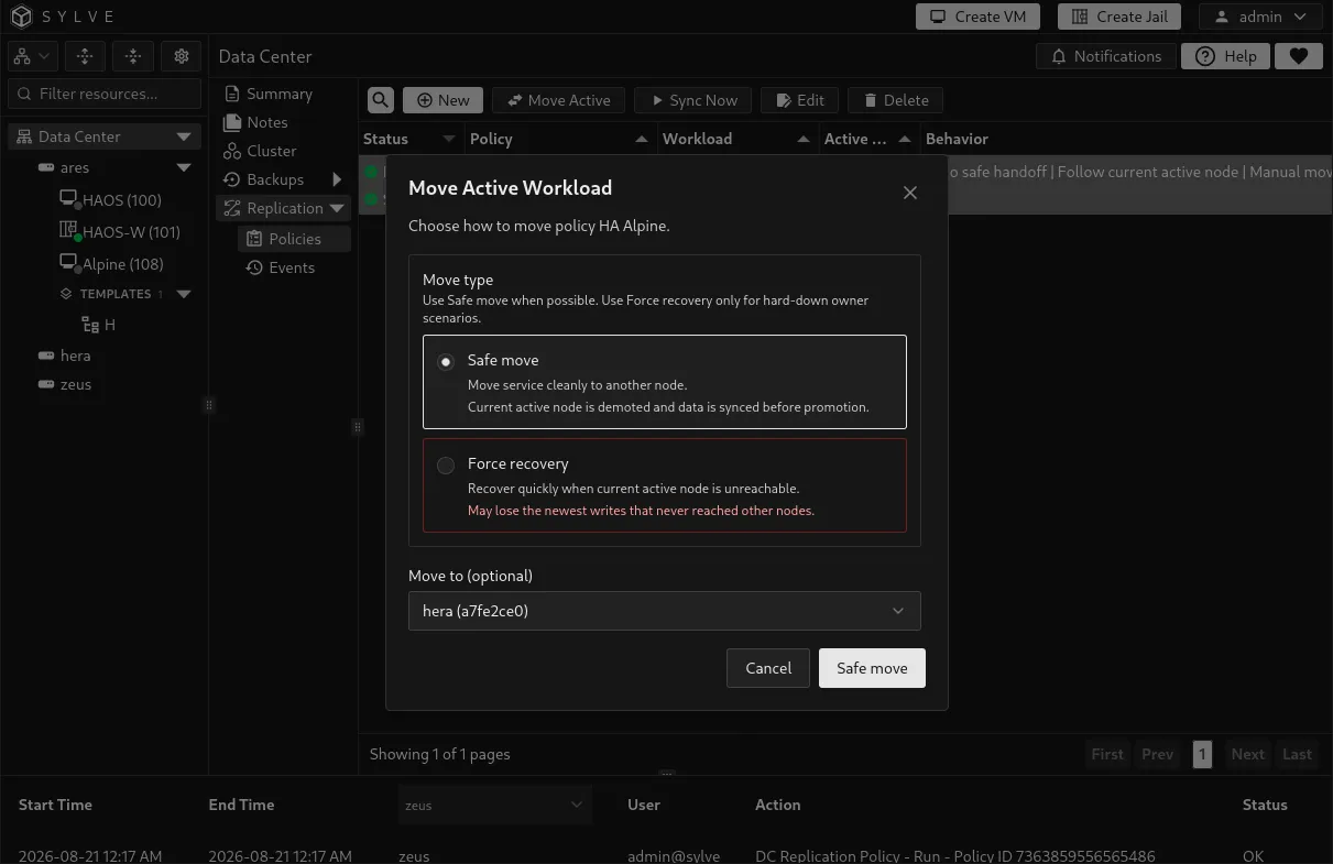 Move workload dialog with the Safe move option and an available replication target.
