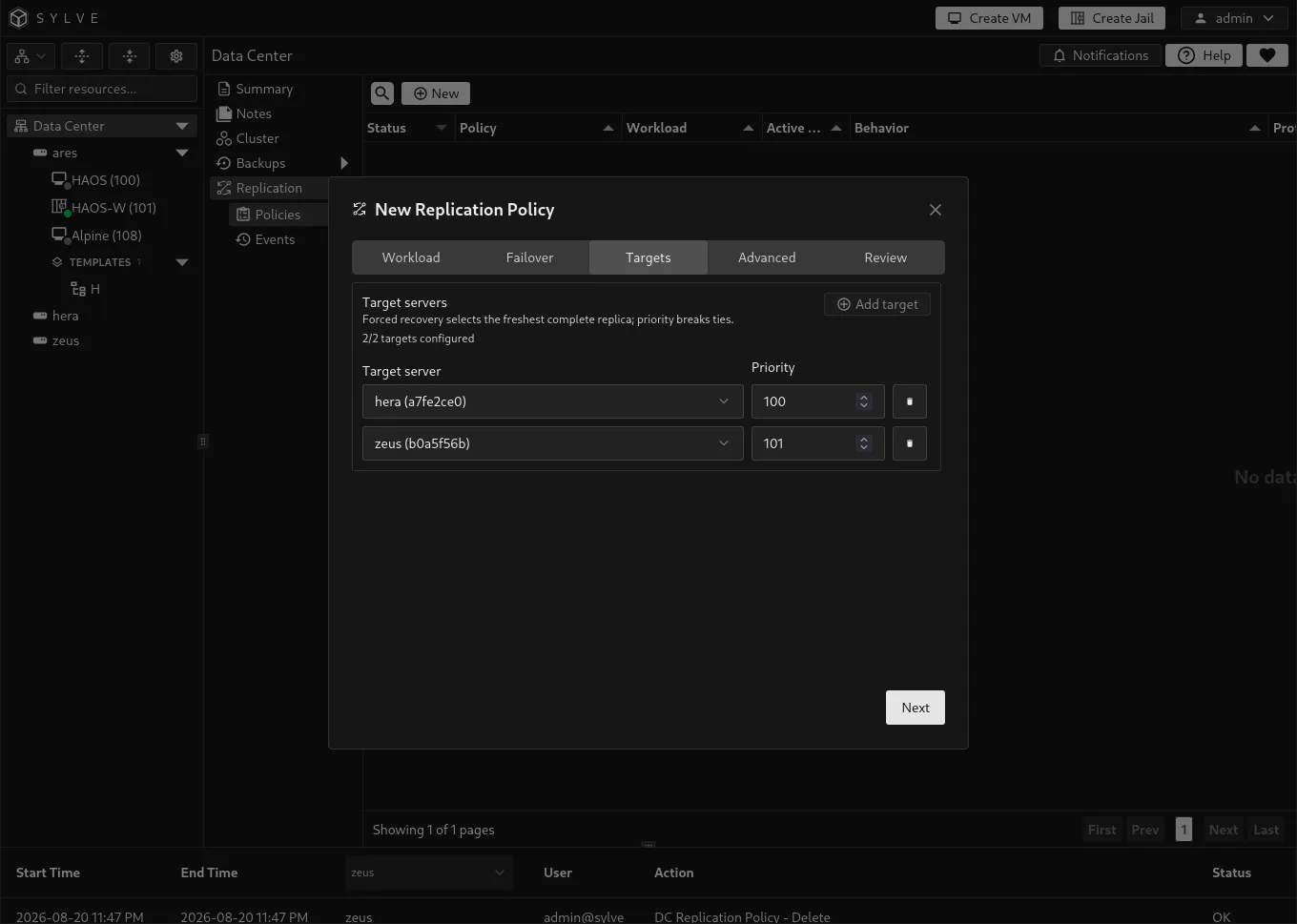 Targets tab with two distinct replication target servers and their priority values.