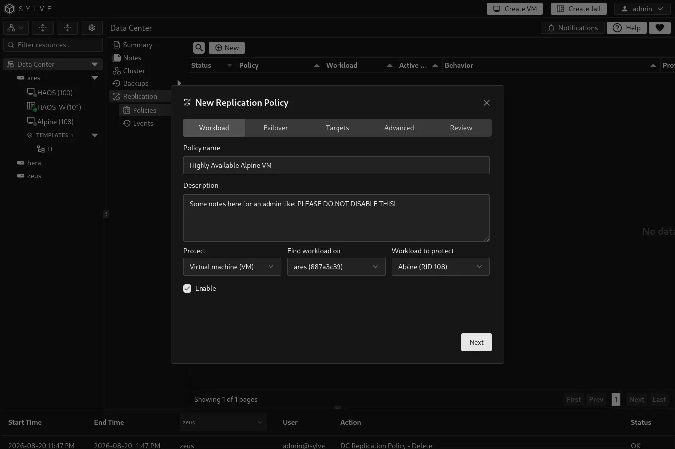Workload tab of a new replication policy with a selected Alpine virtual machine and the policy enabled.