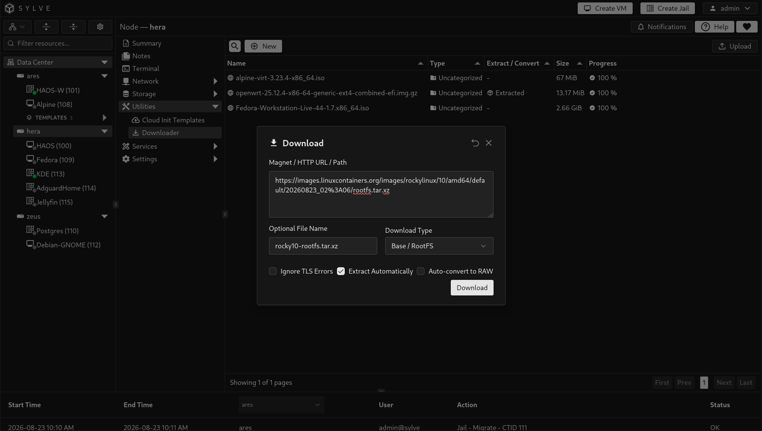 Downloader dialog containing the August 23 Rocky Linux 10 rootfs URL, rocky-linux-10.tar.xz as the optional filename, automatic extraction enabled, and conversion and TLS-error options disabled