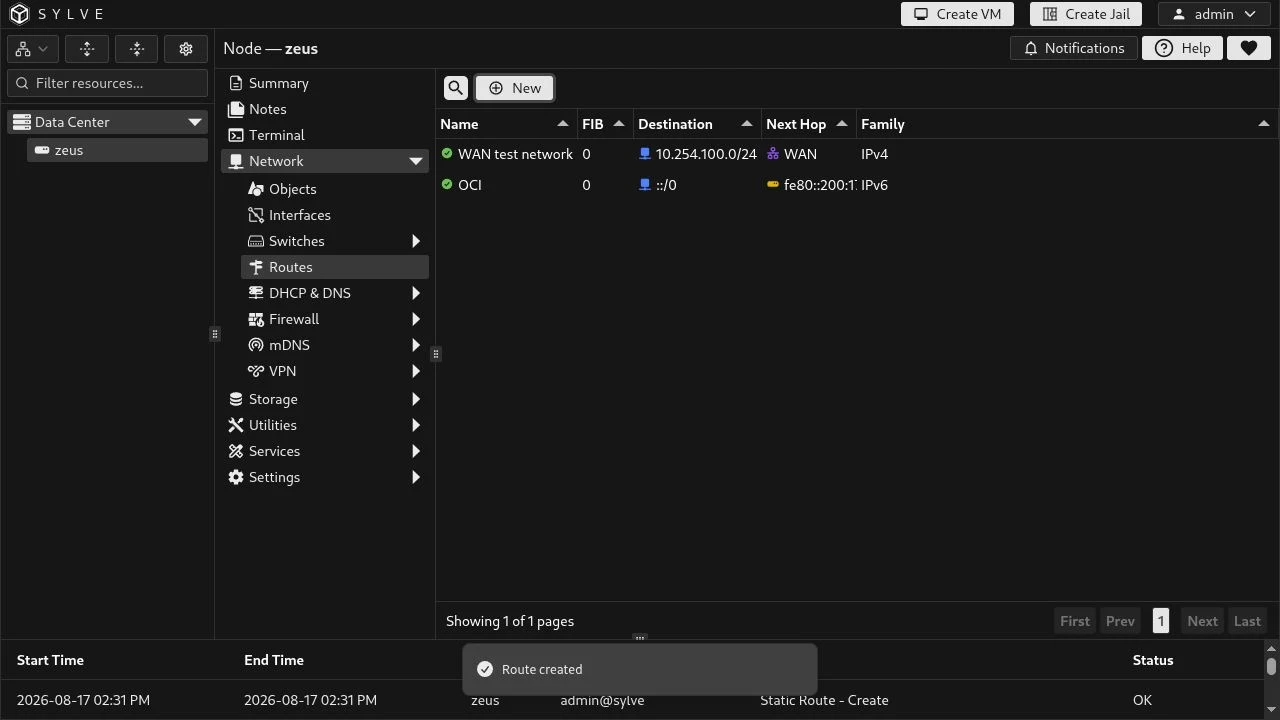 Routes table showing the OCI IPv6 route