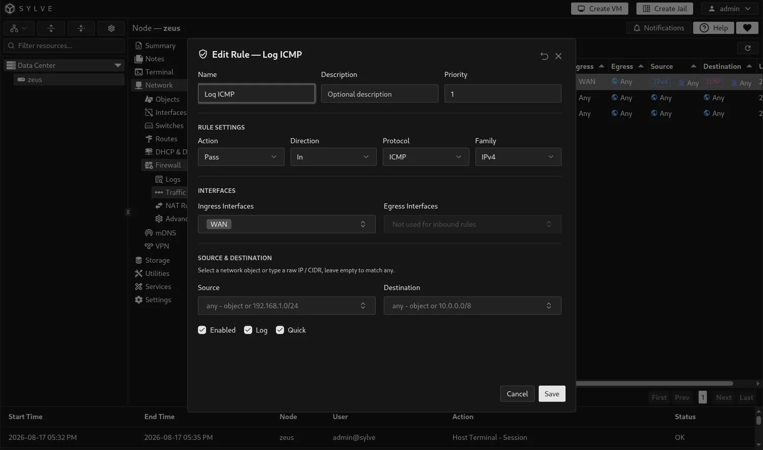 Edit Rule dialog for the enabled Log ICMP inbound IPv4 pass rule on WAN with logging and quick enabled