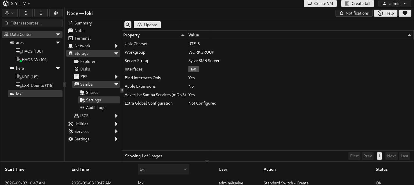 Samba Settings table showing the server identity, interface restrictions, Apple extensions, mDNS advertisement, and Extra Global Configuration status