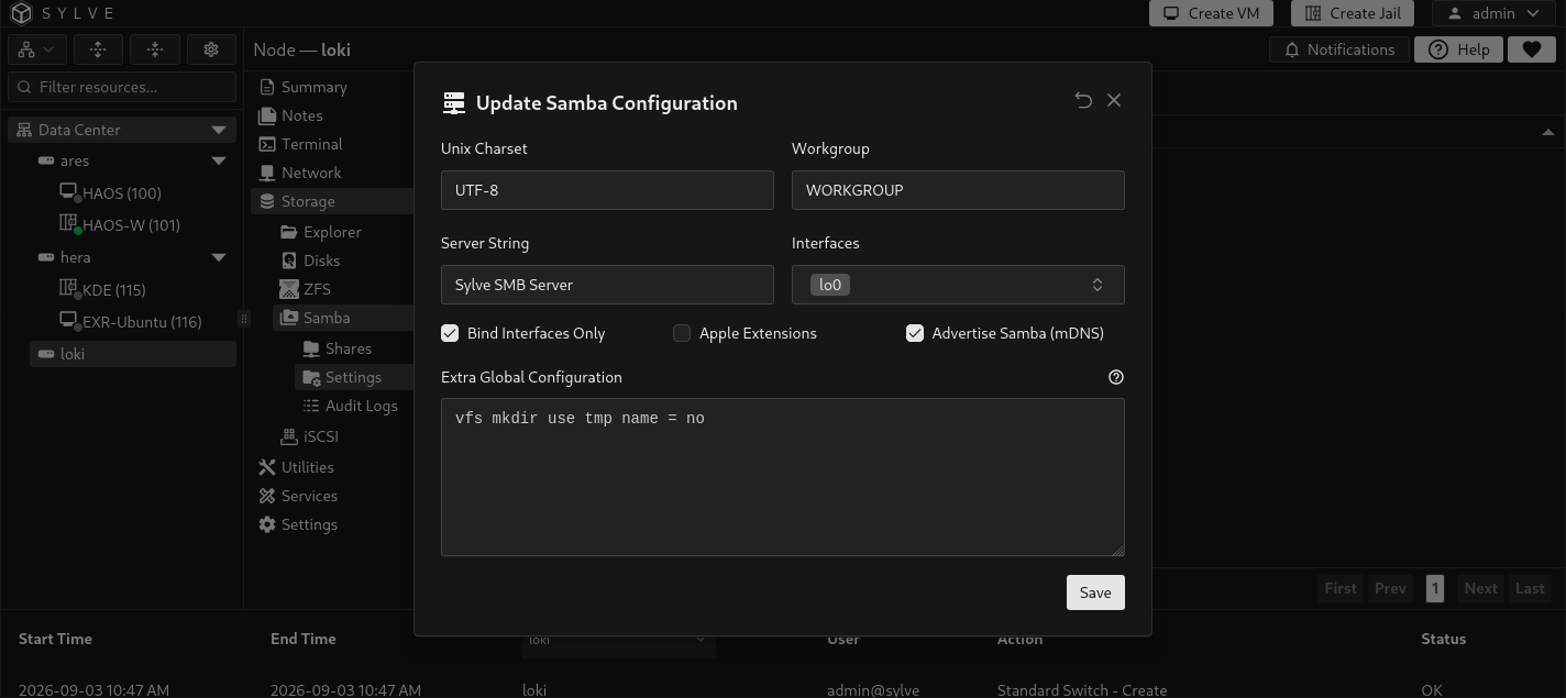 Update Samba Configuration dialog with server identity, interface restrictions, Apple extensions, mDNS advertisement, and an extra global Samba directive
