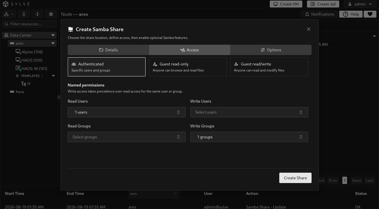 Create Samba Share dialog on the Access tab with Authenticated access selected and read and write users and groups populated