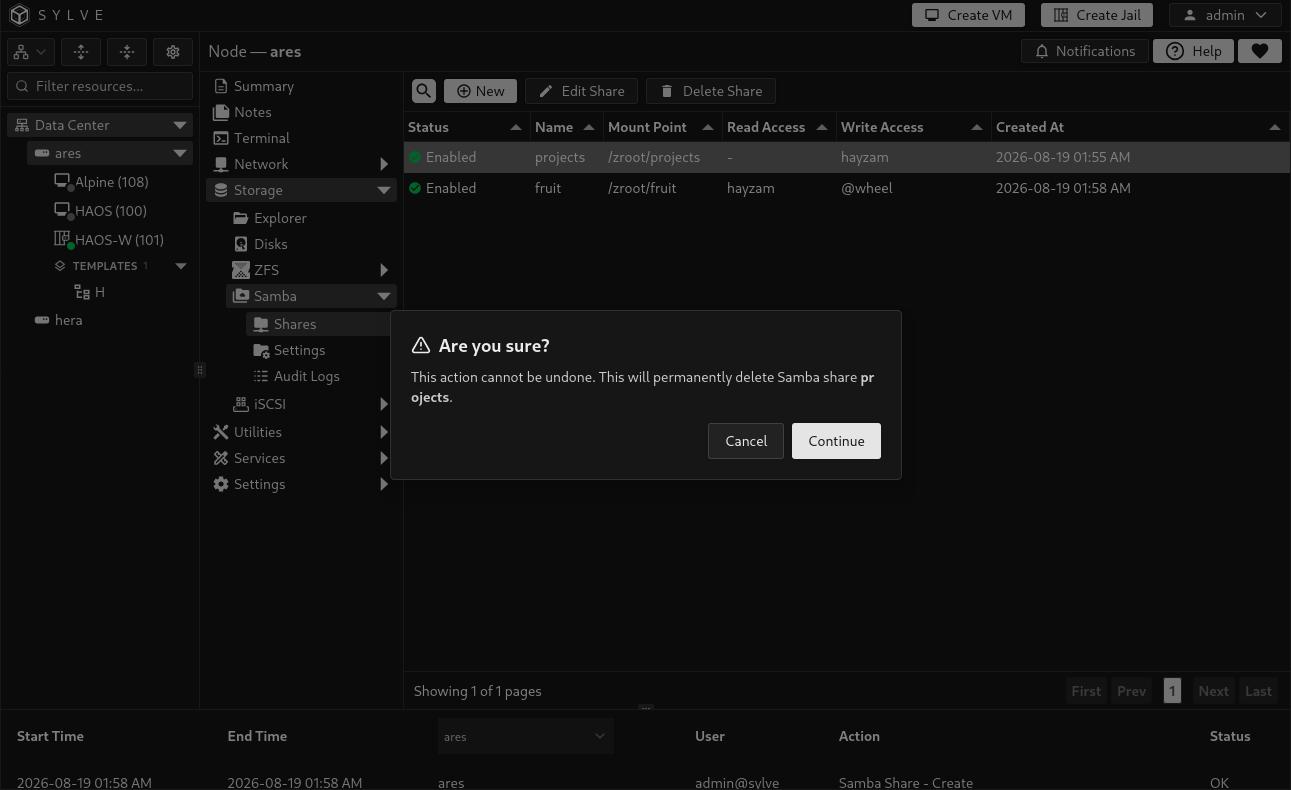 Sylve confirmation dialog asking to delete a Samba share while preserving its underlying dataset