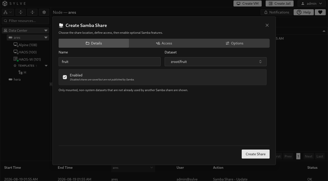 Create Samba Share dialog on the Details tab with a share name, mounted filesystem dataset, and the Enabled option selected