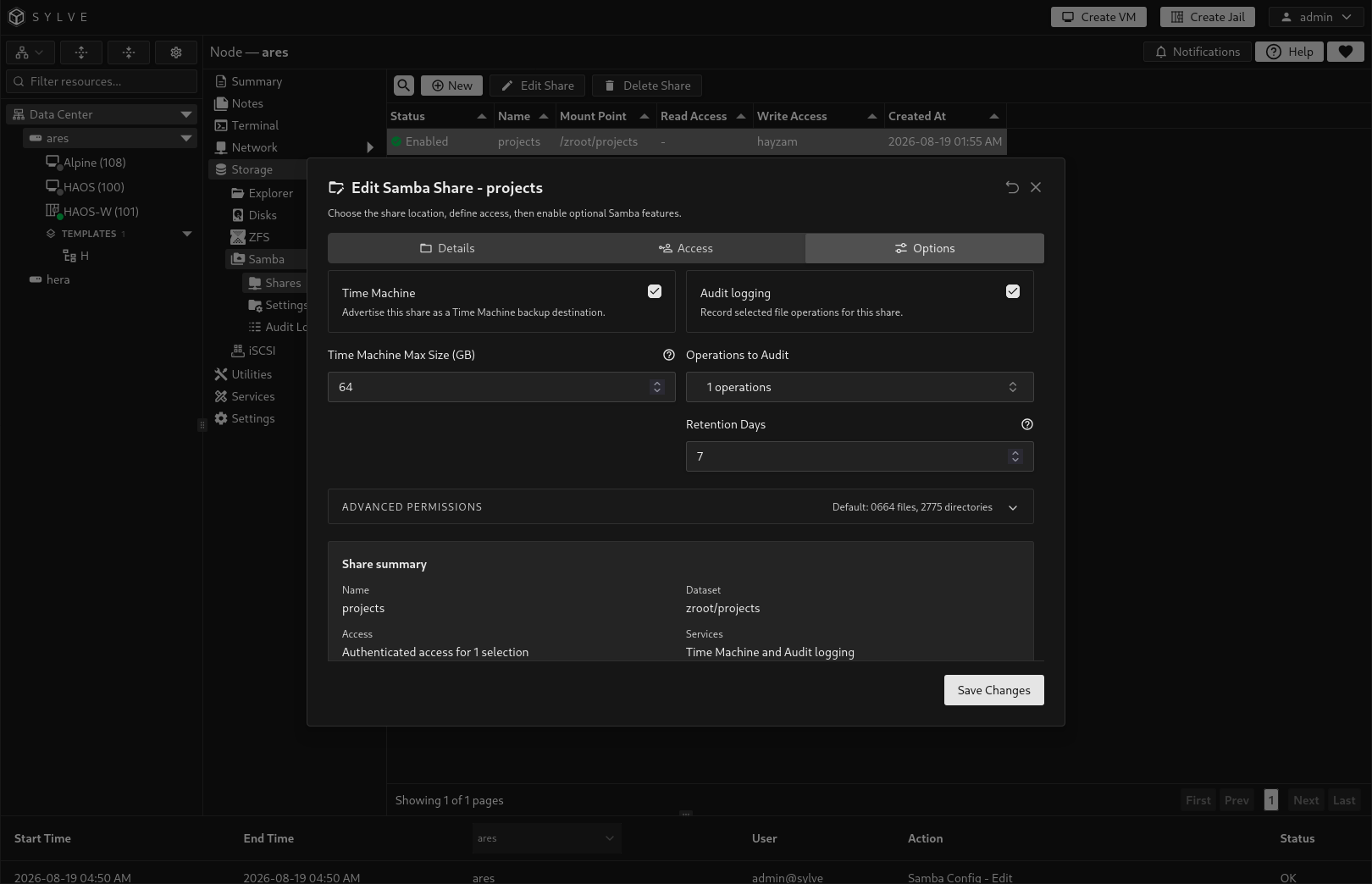 Create Samba Share dialog on the Options tab showing Time Machine, audit logging with selected operations, advanced permission masks, and the share summary