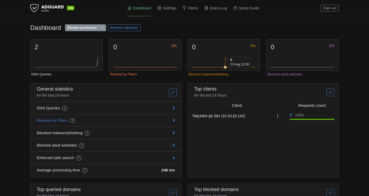 Completed AdGuard Home dashboard with protection enabled, DNS query and blocking statistics, and a client sending requests