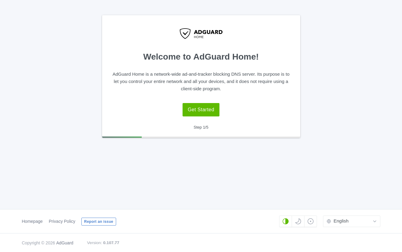 AdGuard Home first-launch welcome page with the Get Started button and the first step of the setup wizard