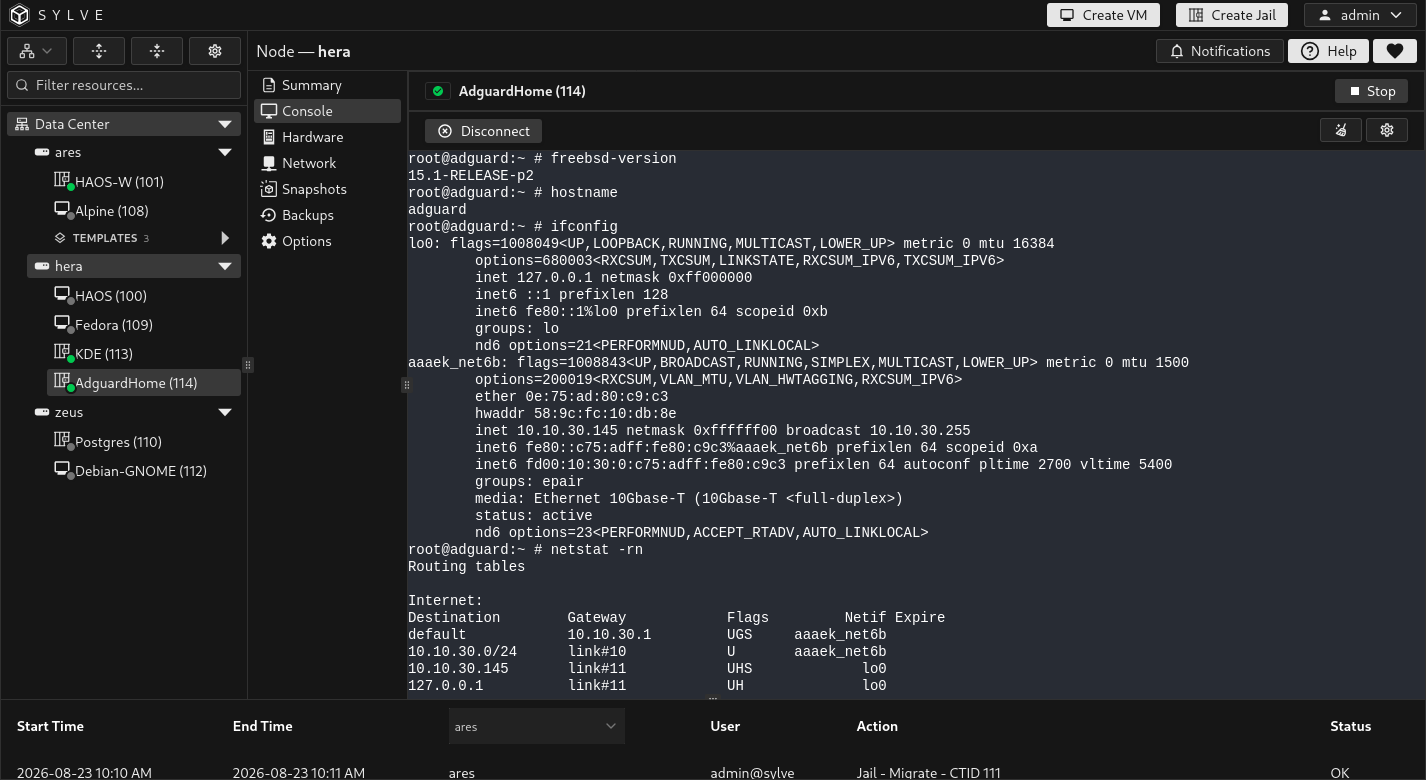 AdguardHome Jail Console showing the FreeBSD version, hostname, DHCP address, and default IPv4 route