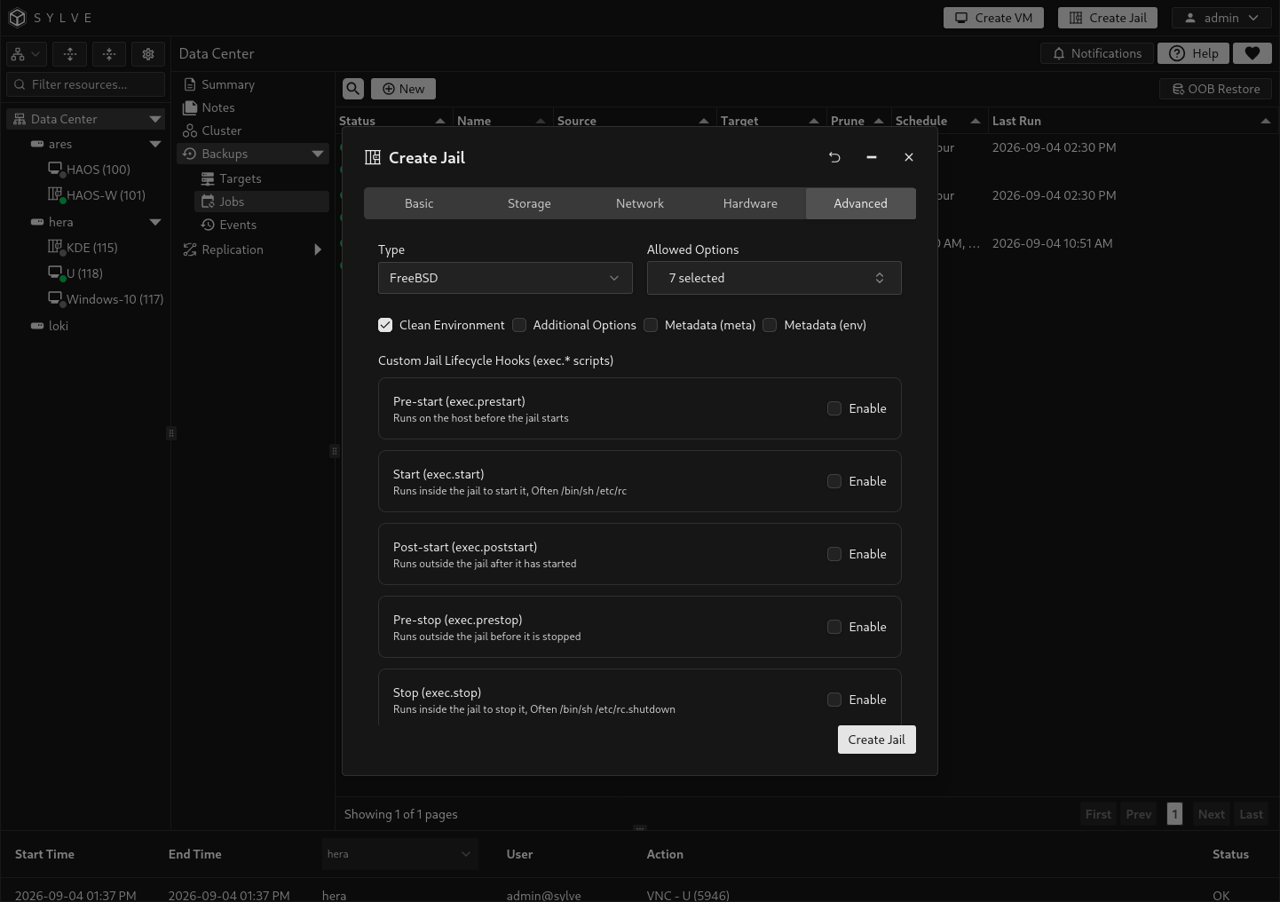 Create Jail Advanced tab with FreeBSD selected, the default allowed options retained, Clean Environment enabled, and all custom lifecycle hooks disabled