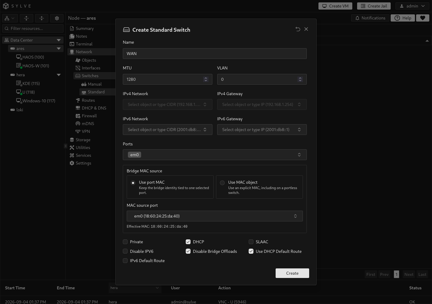 Create Standard Switch dialog for WAN with em0 selected as the port and bridge MAC source, DHCP and its default route enabled, and bridge offloads disabled