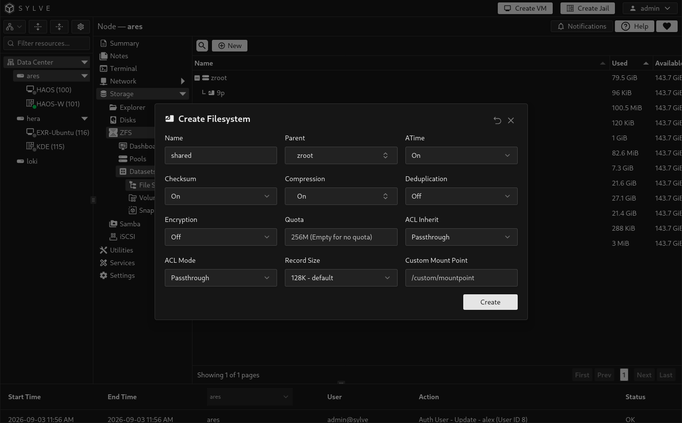Create Filesystem dialog for shared under zroot with compression enabled, deduplication and encryption disabled, passthrough ACL settings, the default 128K record size, and no custom mount point