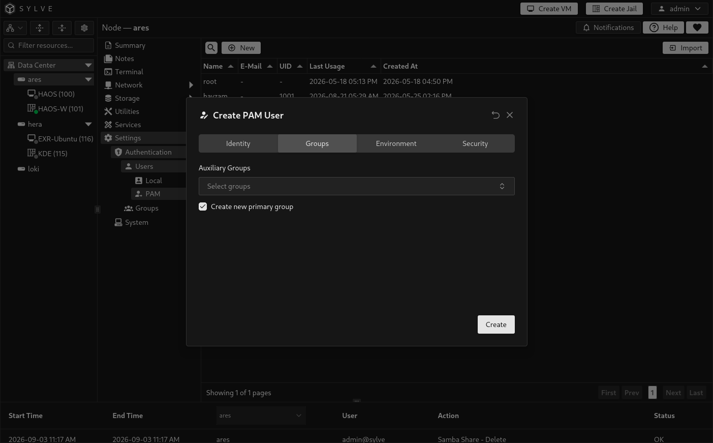 Create PAM User dialog on the Groups tab with no auxiliary groups selected and Create new primary group enabled