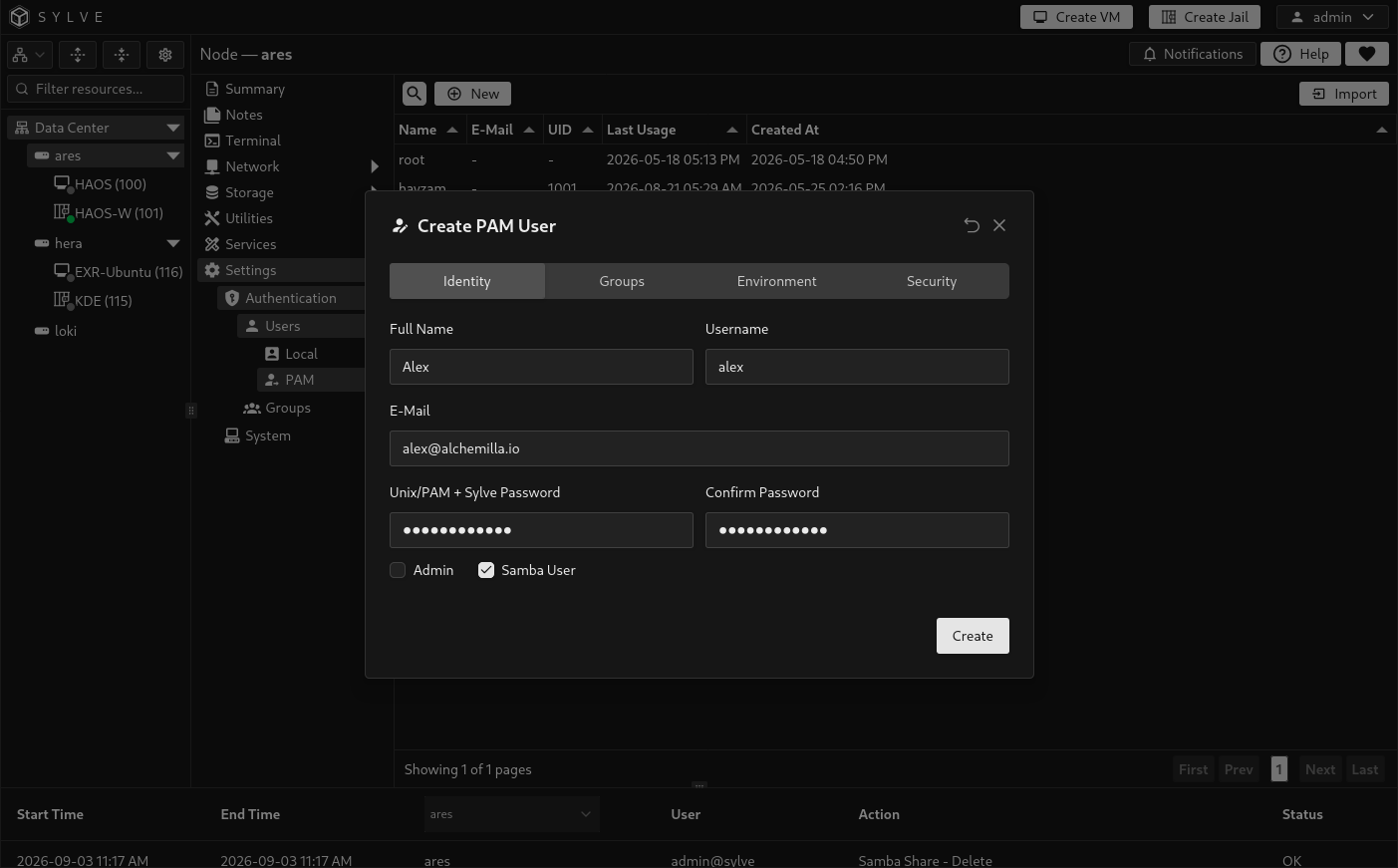 Create PAM User dialog on the Identity tab with the alex username, matching masked passwords, Admin disabled, and Samba User enabled