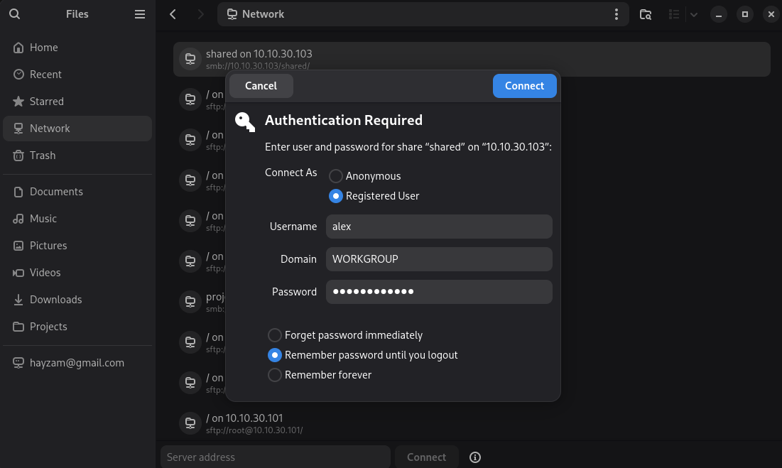 GNOME Files authentication dialog for the Shared share with Registered User selected, alex as the username, WORKGROUP as the domain, and a masked password