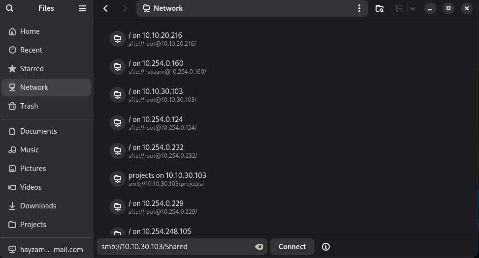 GNOME Files Network page with smb://10.10.30.103/Shared entered in the server address field