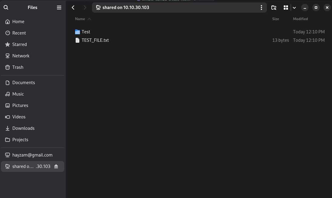 GNOME Files displaying the mounted Shared share with a Test folder and TEST_FILE.txt visible