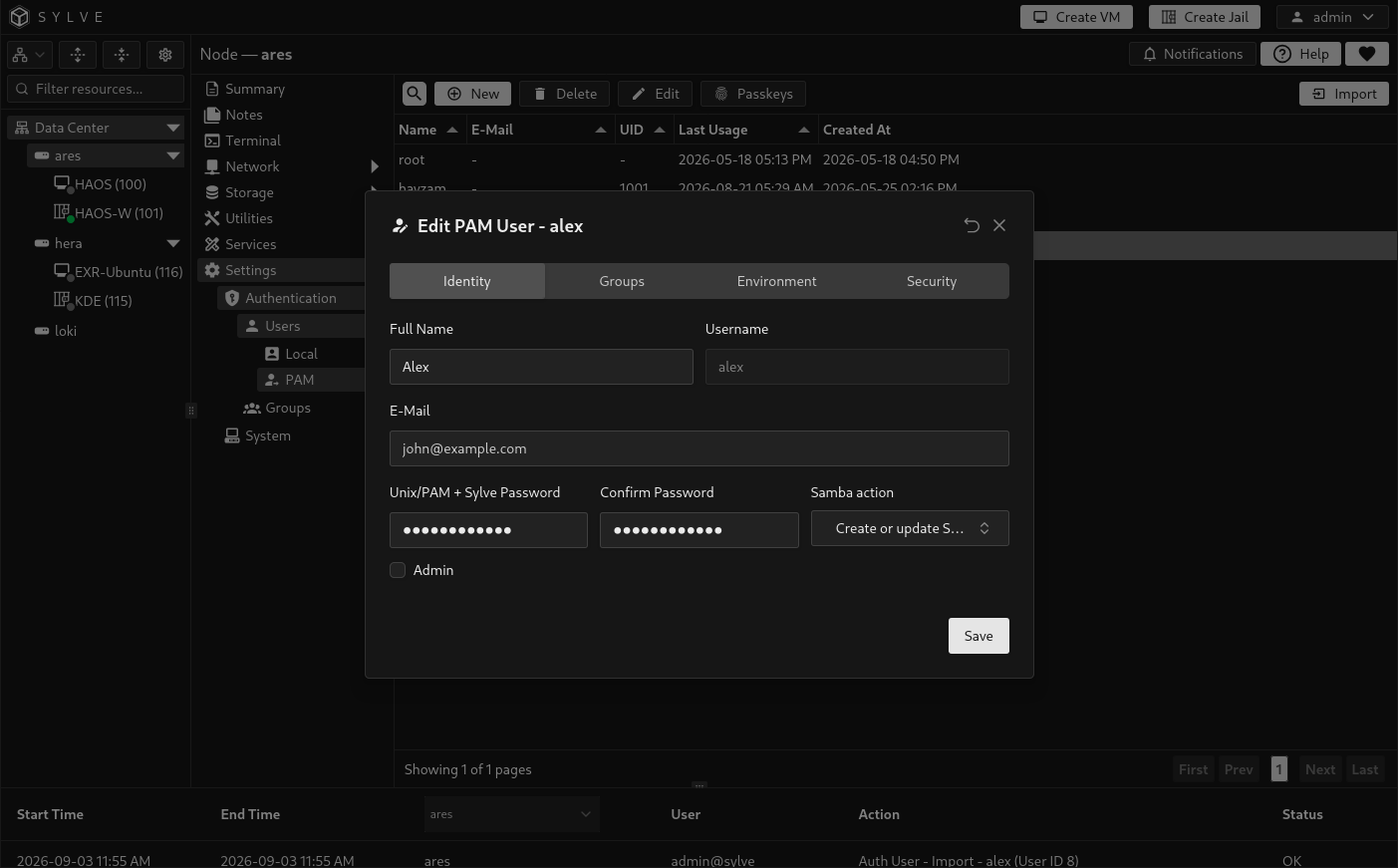 Edit PAM User dialog for alex with matching masked passwords, Create or update Samba user selected, and Admin disabled