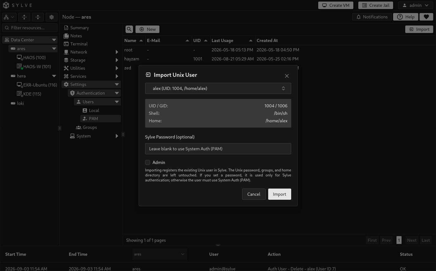 Import Unix User dialog with alex selected, Unix account details shown, the optional Sylve password empty, and Admin disabled