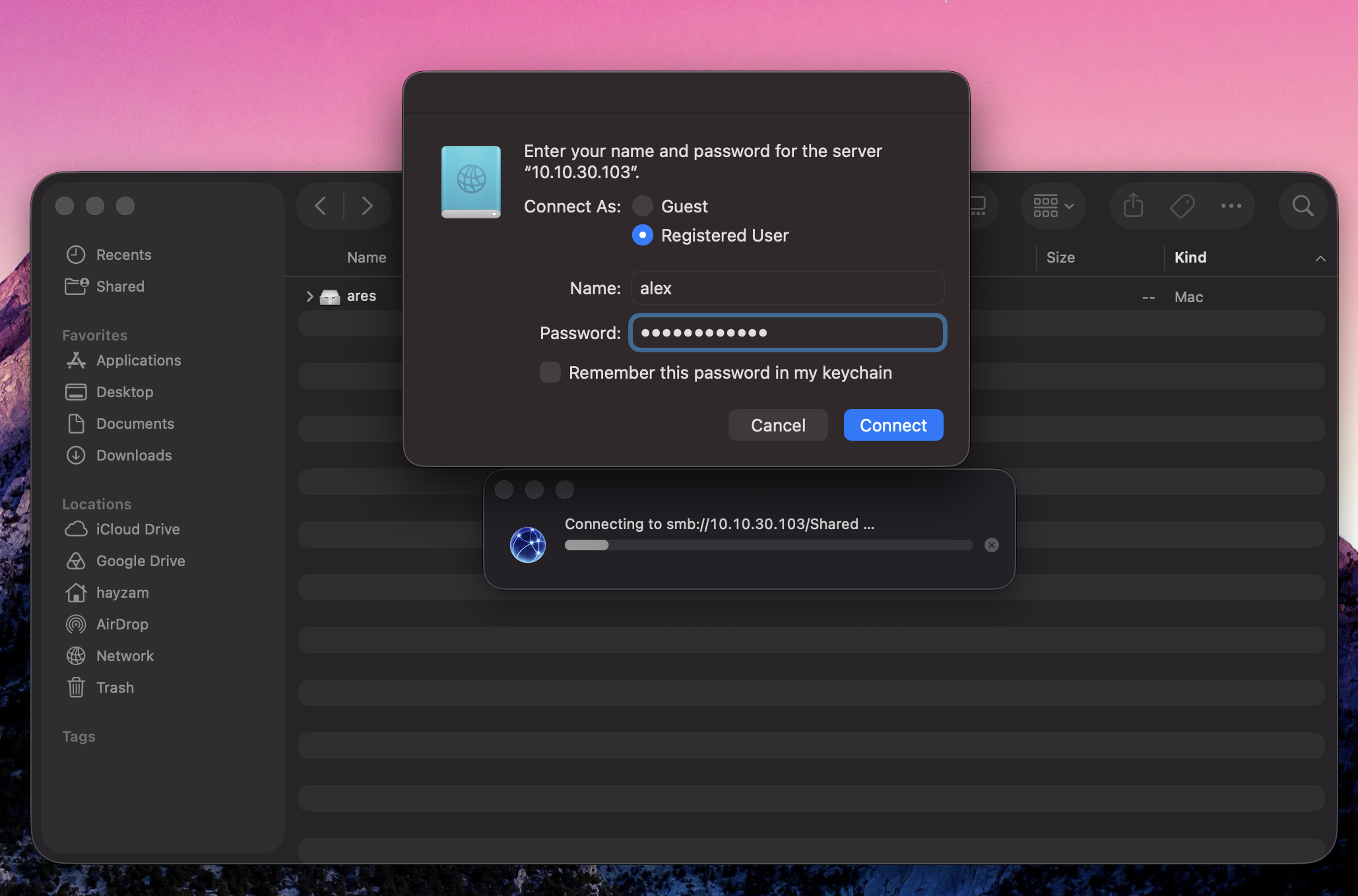 macOS Samba authentication dialog for 10.10.30.103 with Registered User selected, alex as the account name, a masked password, and keychain storage disabled