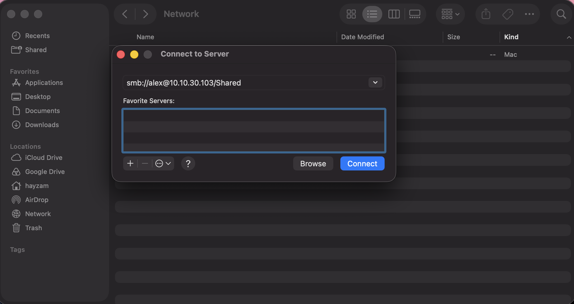 macOS Finder Connect to Server window with smb://alex@10.10.30.103/Shared entered as the server address