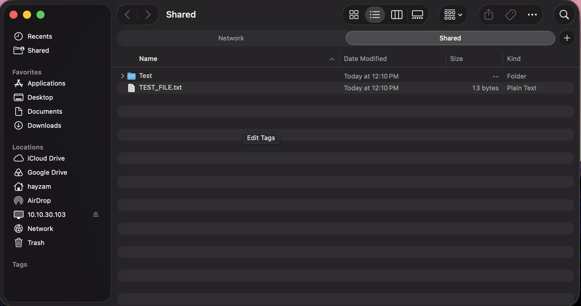 macOS Finder displaying the mounted Shared share from 10.10.30.103 with a Test folder and TEST_FILE.txt visible