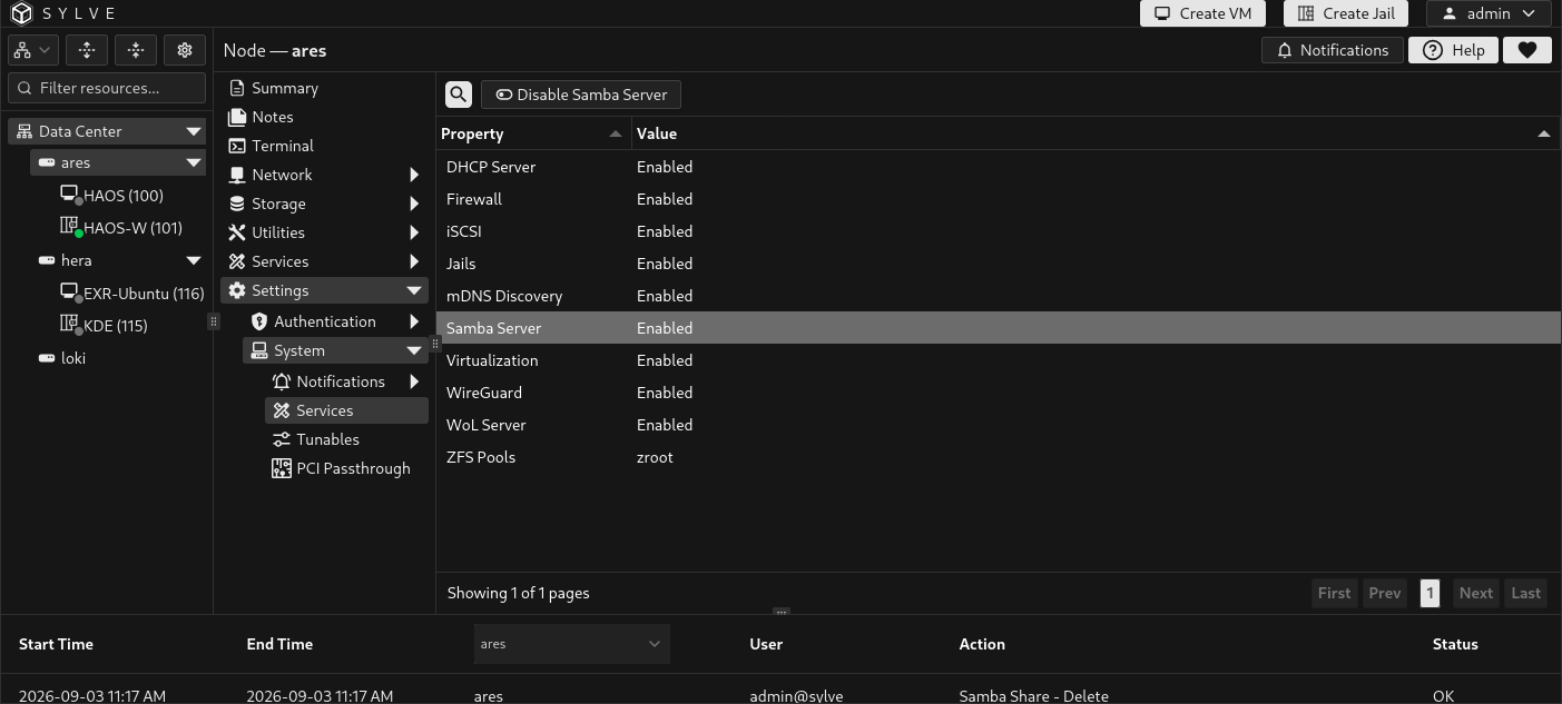 Sylve System Services page with Samba Server selected, its status shown as Enabled, and the Disable Samba Server action available