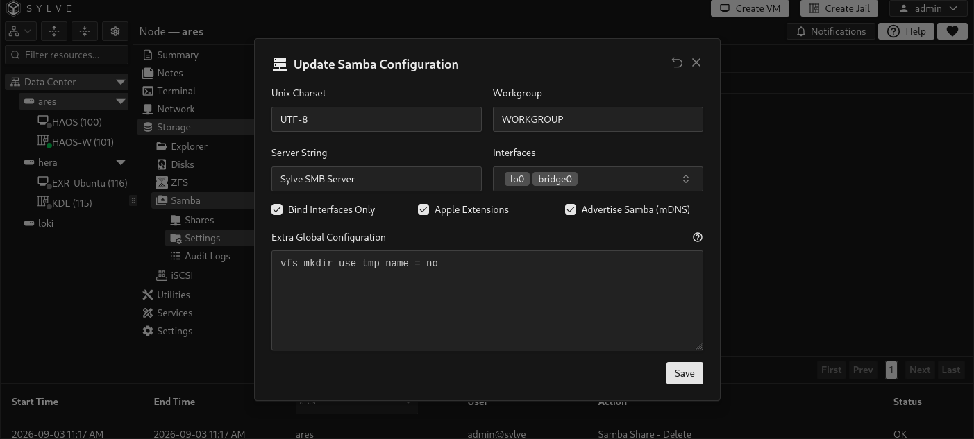 Update Samba Configuration dialog using the WORKGROUP workgroup, lo0 and bridge0 interfaces, interface binding, Apple extensions, mDNS advertising, and an optional extra global directive